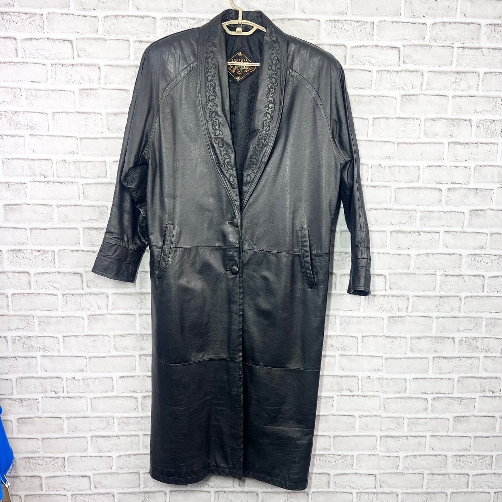 VINTAGE |•G-III•| Black Full Length Trench Coat Embroidered Collar Size Medium